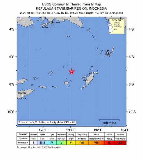 Community Internet Intensity Map for the Kepulauan Tanimbar, Indonesia 5.4 M Earthquake, Tuesday Jan. 10 2023, 3:09:53 AM