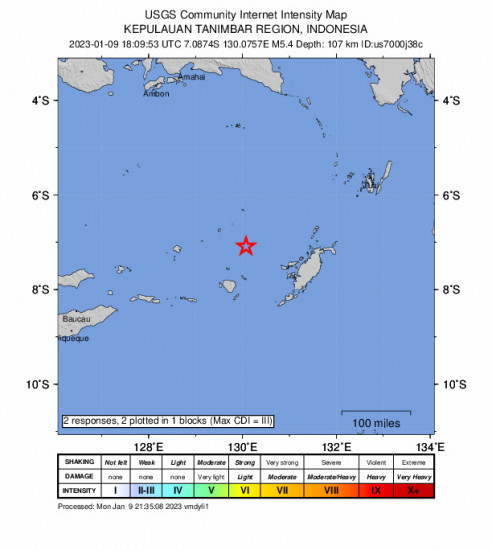 GEO Community Internet Intensity Map for the Kepulauan Tanimbar, Indonesia 5.4 M Earthquake, Tuesday Jan. 10 2023, 3:09:53 AM