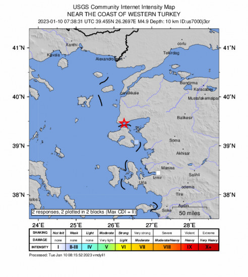GEO Community Internet Intensity Map for the Behram, Turkey 4.9 M Earthquake, Tuesday Jan. 10 2023, 10:38:31 AM