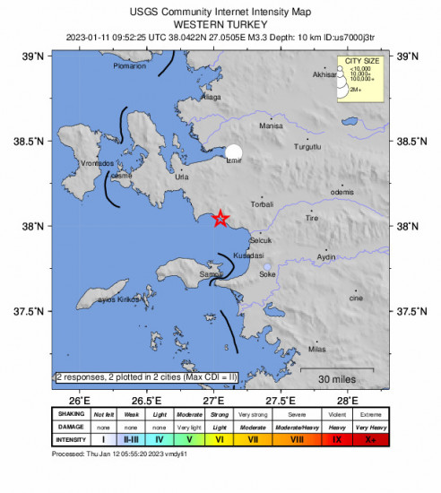 Community Internet Intensity Map for the Western Turkey 3.3 M Earthquake, Wednesday Jan. 11 2023, 12:52:25 PM