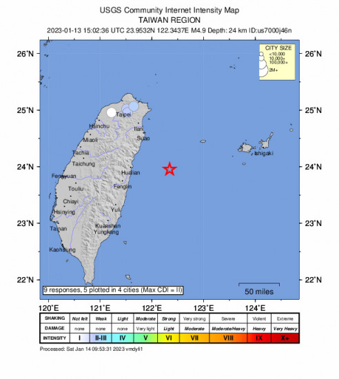 Community Internet Intensity Map for the Hualien City, Taiwan 4.9 M Earthquake, Friday Jan. 13 2023, 11:02:36 PM