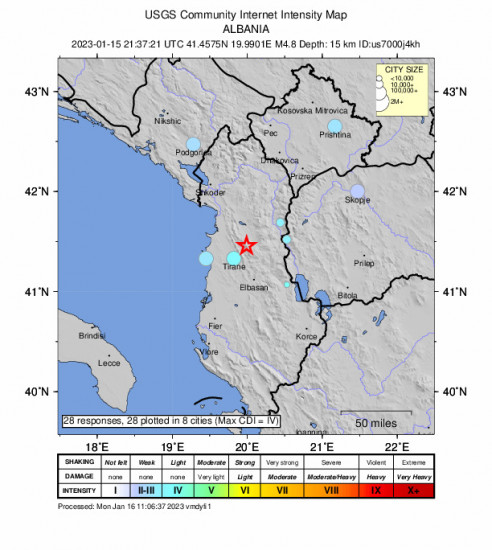 Community Internet Intensity Map for the Klos, Albania 4.8 M Earthquake, Sunday Jan. 15 2023, 10:37:21 PM