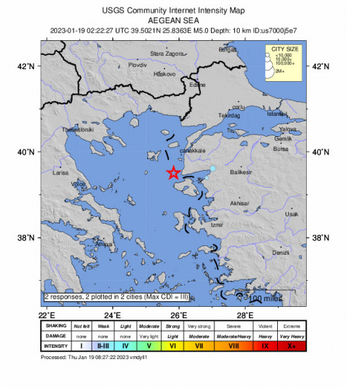 Community Internet Intensity Map for the Míthymna, Greece 5.0 M Earthquake, Thursday Jan. 19 2023, 5:22:27 AM