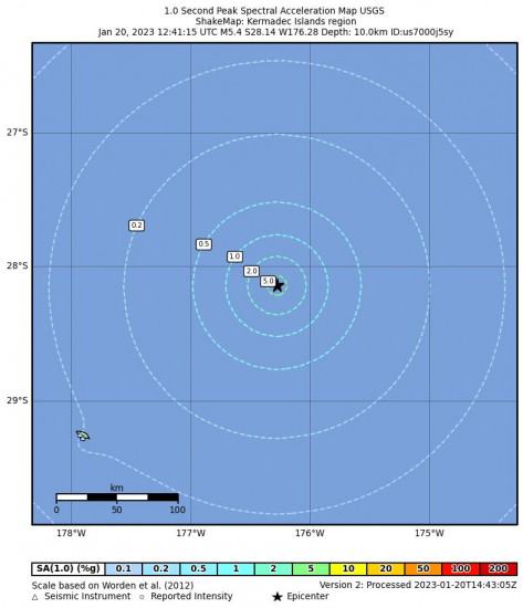 1 Second Peak Spectral Acceleration Map for the Kermadec Islands Region 5.4 M Earthquake, Saturday Jan. 21 2023, 1:41:15 AM