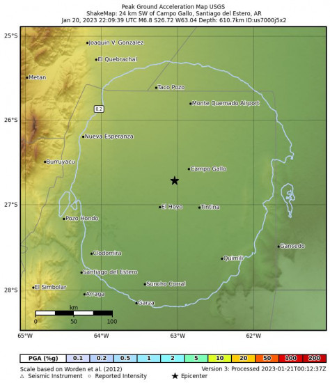 Peak Ground Acceleration Map for the Campo Gallo, Argentina 6.8 M Earthquake, Friday Jan. 20 2023, 7:09:39 PM