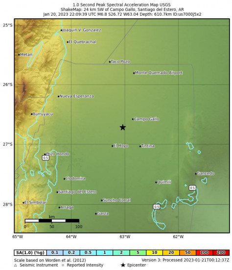 1 Second Peak Spectral Acceleration Map for the Campo Gallo, Argentina 6.8 M Earthquake, Friday Jan. 20 2023, 7:09:39 PM