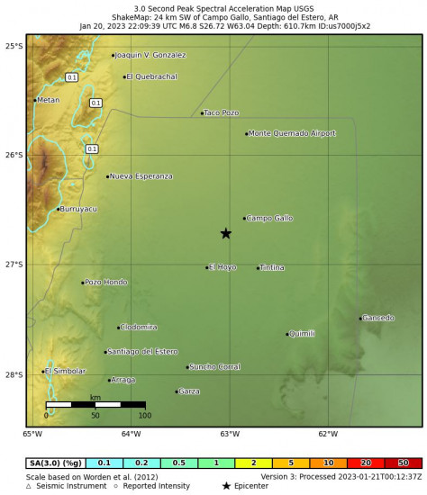 3 Second Peak Spectral Acceleration Map for the Campo Gallo, Argentina 6.8 M Earthquake, Friday Jan. 20 2023, 7:09:39 PM