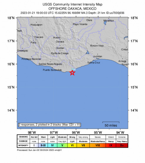 GEO Community Internet Intensity Map for the Offshore Oaxaca, Mexico 4.3 M Earthquake, Saturday Jan. 21 2023, 1:00:03 PM
