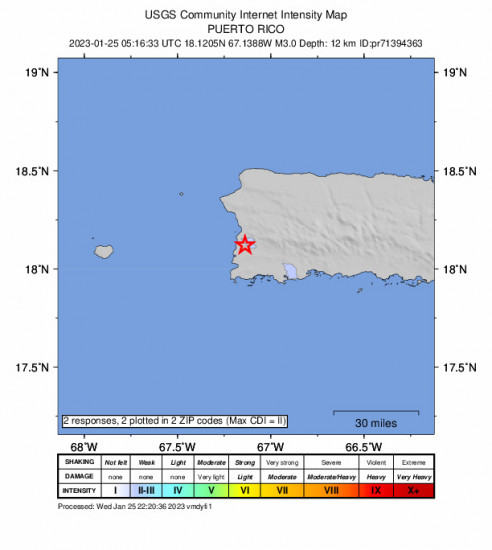 Community Internet Intensity Map for the Hormigueros, Puerto Rico 3.0 M Earthquake, Wednesday Jan. 25 2023, 1:16:33 AM