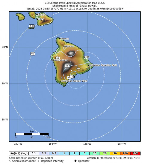 0.3 Second Peak Spectral Acceleration Map for the Pāhala, Hawaii 3.6 M Earthquake, Tuesday Jan. 24 2023, 10:35:29 PM