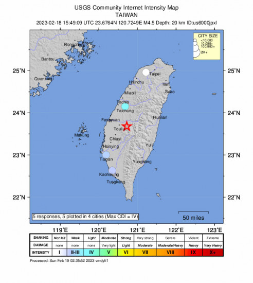 Community Internet Intensity Map for the Lugu, Taiwan 4.5 M Earthquake, Saturday Feb. 18 2023, 11:49:09 PM