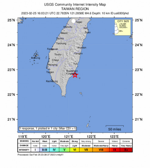 Community Internet Intensity Map for the Yujing, Taiwan 4.6 M Earthquake, Sunday Feb. 26 2023, 12:03:21 AM
