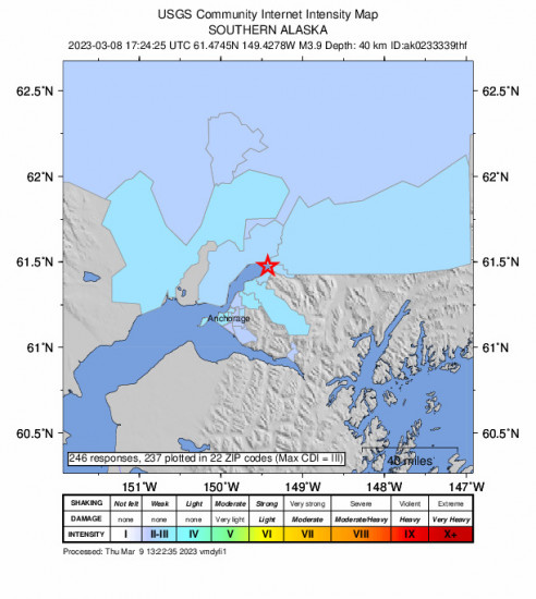 Community Internet Intensity Map for the Southern Alaska 4.0 M Earthquake, Wednesday Mar. 08 2023, 8:24:25 AM