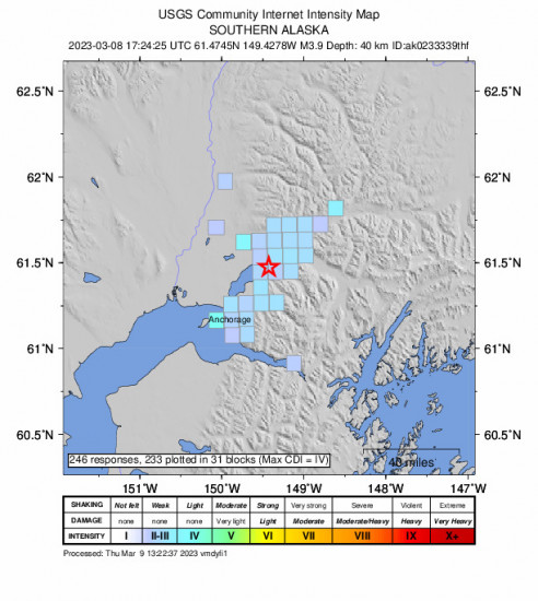 GEO Community Internet Intensity Map for the Southern Alaska 4.0 M Earthquake, Wednesday Mar. 08 2023, 8:24:25 AM