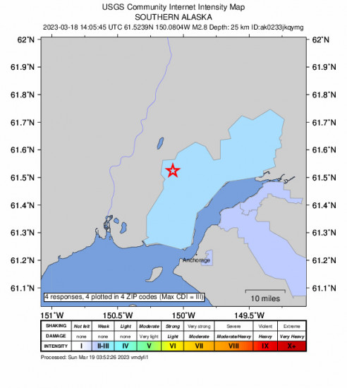 Community Internet Intensity Map for the Big Lake, Alaska 2.8 M Earthquake, Saturday Mar. 18 2023, 6:05:45 AM