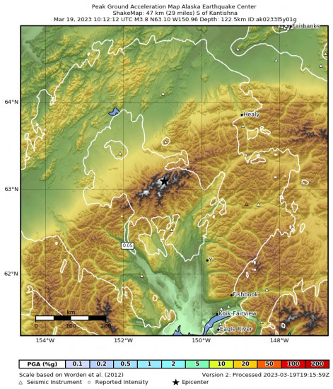 Peak Ground Acceleration Map for the Denali National Park, Alaska 3.8 M Earthquake, Sunday Mar. 19 2023, 2:12:12 AM