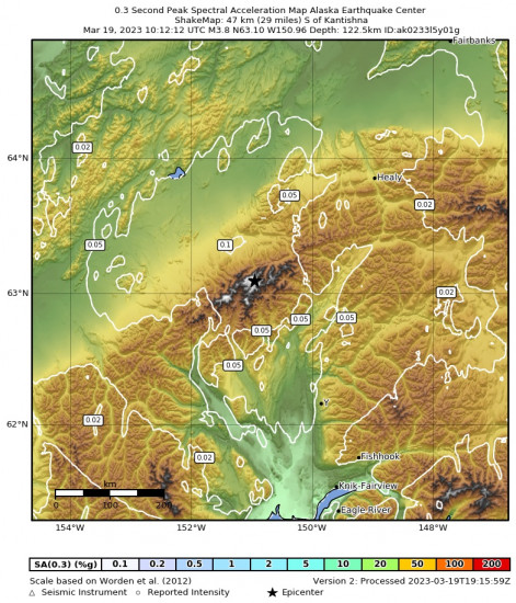 0.3 Second Peak Spectral Acceleration Map for the Denali National Park, Alaska 3.8 M Earthquake, Sunday Mar. 19 2023, 2:12:12 AM