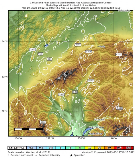 1 Second Peak Spectral Acceleration Map for the Denali National Park, Alaska 3.8 M Earthquake, Sunday Mar. 19 2023, 2:12:12 AM