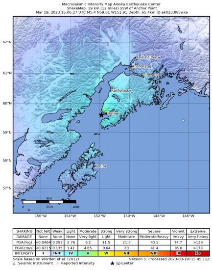Macroseismic Intensity Map for the Anchor Point, Alaska 5.4 M Earthquake, Sunday Mar. 19 2023, 7:06:27 AM