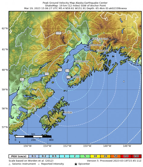 Peak Ground Velocity Map for the Anchor Point, Alaska 5.4 M Earthquake, Sunday Mar. 19 2023, 7:06:27 AM