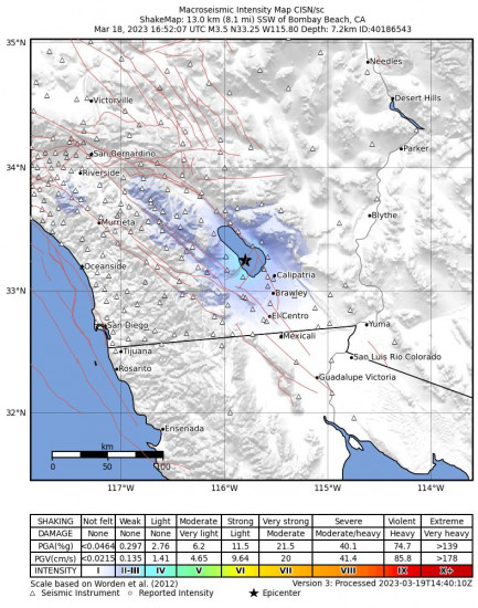 Macroseismic Intensity Map for the Bombay Beach, Ca 3.6 M Earthquake, Saturday Mar. 18 2023, 9:52:07 AM