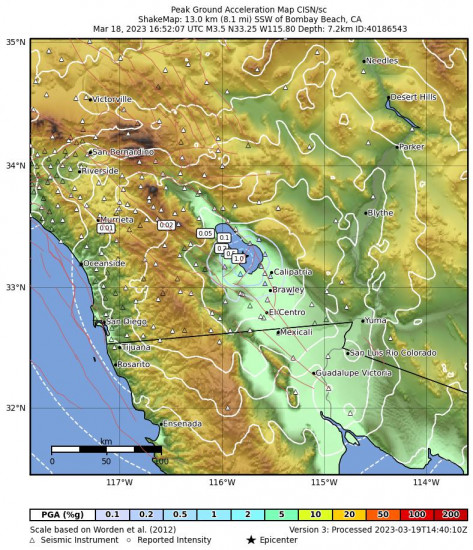 Peak Ground Acceleration Map for the Bombay Beach, Ca 3.6 M Earthquake, Saturday Mar. 18 2023, 9:52:07 AM