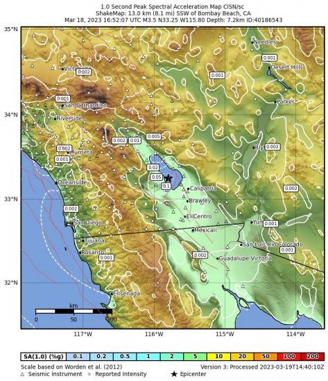 1 Second Peak Spectral Acceleration Map for the Bombay Beach, Ca 3.6 M Earthquake, Saturday Mar. 18 2023, 9:52:07 AM