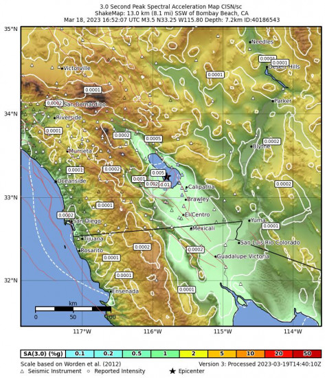 3 Second Peak Spectral Acceleration Map for the Bombay Beach, Ca 3.6 M Earthquake, Saturday Mar. 18 2023, 9:52:07 AM