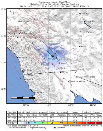 Macroseismic Intensity Map for the Bombay Beach, Ca 3.6 M Earthquake, Saturday Mar. 18 2023, 10:19:33 AM