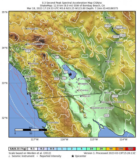 0.3 Second Peak Spectral Acceleration Map for the Bombay Beach, Ca 3.6 M Earthquake, Saturday Mar. 18 2023, 10:19:33 AM