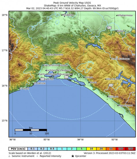 Peak Ground Velocity Map for the Chahuites, Mexico 5.7 M Earthquake, Wednesday Mar. 01 2023, 10:40:43 PM