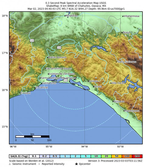0.3 Second Peak Spectral Acceleration Map for the Chahuites, Mexico 5.7 M Earthquake, Wednesday Mar. 01 2023, 10:40:43 PM