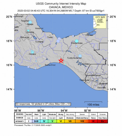 Community Internet Intensity Map for the Chahuites, Mexico 5.7 M Earthquake, Wednesday Mar. 01 2023, 10:40:43 PM