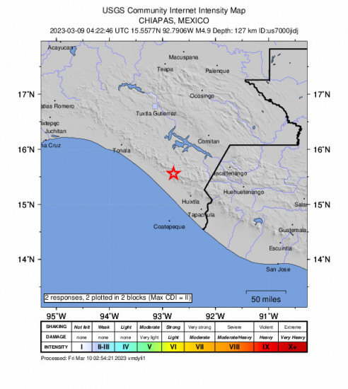 GEO Community Internet Intensity Map for the Mexico-guatemala Border Region 4.9 M Earthquake, Wednesday Mar. 08 2023, 10:22:46 PM