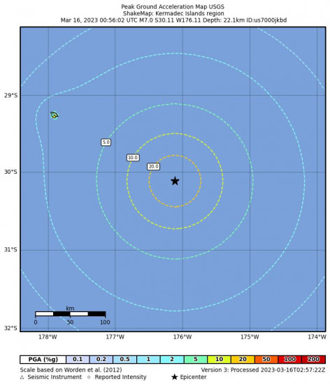 Peak Ground Acceleration Map for the Kermadec Islands Region 7.0 M Earthquake, Thursday Mar. 16 2023, 1:56:02 PM