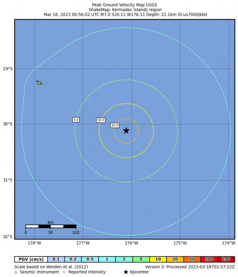 Peak Ground Velocity Map for the Kermadec Islands Region 7.0 M Earthquake, Thursday Mar. 16 2023, 1:56:02 PM
