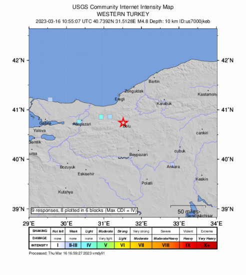 GEO Community Internet Intensity Map for the Western Turkey 4.8 M Earthquake, Thursday Mar. 16 2023, 1:55:07 PM