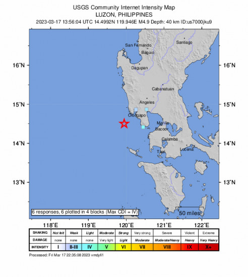 GEO Community Internet Intensity Map for the Sabang, Philippines 4.9 M Earthquake, Friday Mar. 17 2023, 9:56:04 PM