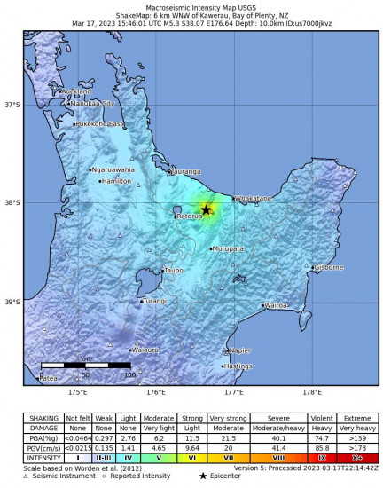 Macroseismic Intensity Map for the Kawerau, New Zealand 5.3 M Earthquake, Saturday Mar. 18 2023, 4:46:01 AM
