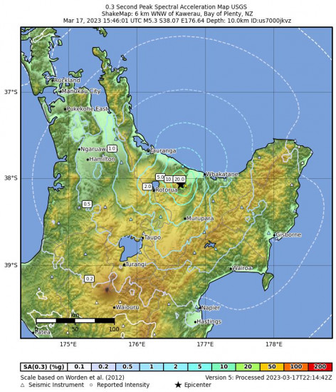0.3 Second Peak Spectral Acceleration Map for the Kawerau, New Zealand 5.3 M Earthquake, Saturday Mar. 18 2023, 4:46:01 AM
