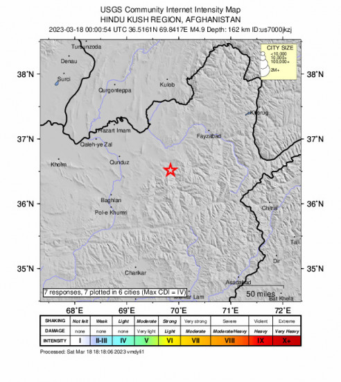 Community Internet Intensity Map for the Hindu Kush Region, Afghanistan 4.9 M Earthquake, Saturday Mar. 18 2023, 4:30:54 AM