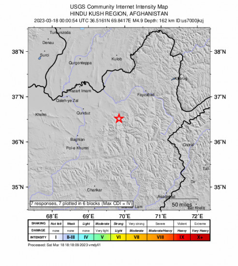 GEO Community Internet Intensity Map for the Hindu Kush Region, Afghanistan 4.9 M Earthquake, Saturday Mar. 18 2023, 4:30:54 AM