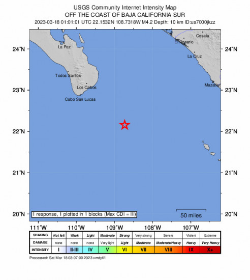 GEO Community Internet Intensity Map for the La Playa, Mexico 4.2 M Earthquake, Friday Mar. 17 2023, 6:01:01 PM