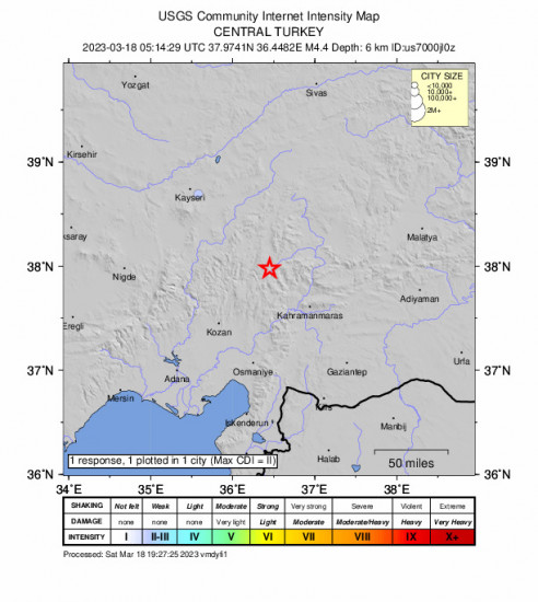 Community Internet Intensity Map for the Göksun, Turkey 4.4 M Earthquake, Saturday Mar. 18 2023, 8:14:29 AM