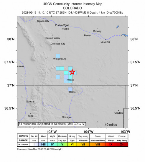 GEO Community Internet Intensity Map for the Hoehne, Colorado 3.8 M Earthquake, Sunday Mar. 19 2023, 5:10:10 AM