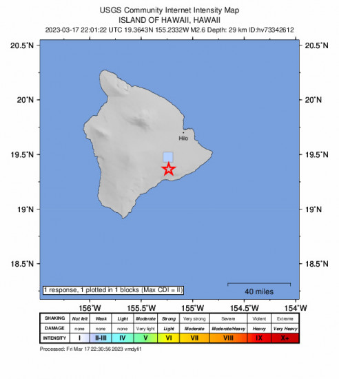 GEO Community Internet Intensity Map for the Hawaii Region, Hawaii 2.7 M Earthquake, Friday Mar. 17 2023, 12:01:22 PM