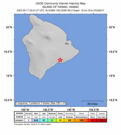 GEO Community Internet Intensity Map for the Volcano, Hawaii 2.5 M Earthquake, Friday Mar. 17 2023, 12:01:27 PM