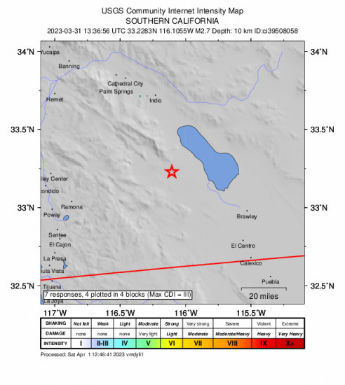 GEO Community Internet Intensity Map for the Ocotillo Wells, Ca 2.7 M Earthquake, Friday Mar. 31 2023, 6:36:56 AM