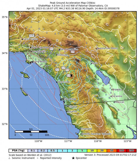 Peak Ground Acceleration Map for the Palomar Observatory, Ca 4.2 M Earthquake, Friday Mar. 31 2023, 6:16:07 PM
