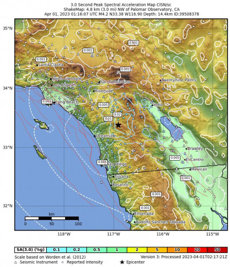 3 Second Peak Spectral Acceleration Map for the Palomar Observatory, Ca 4.2 M Earthquake, Friday Mar. 31 2023, 6:16:07 PM